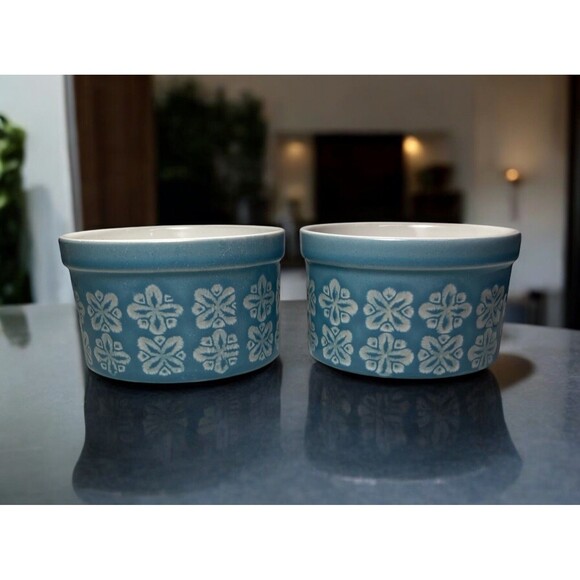 BIA Cordon Bleu Ramekins Blue With White Print 3.5” Set Of 2 - Picture 1 of 10